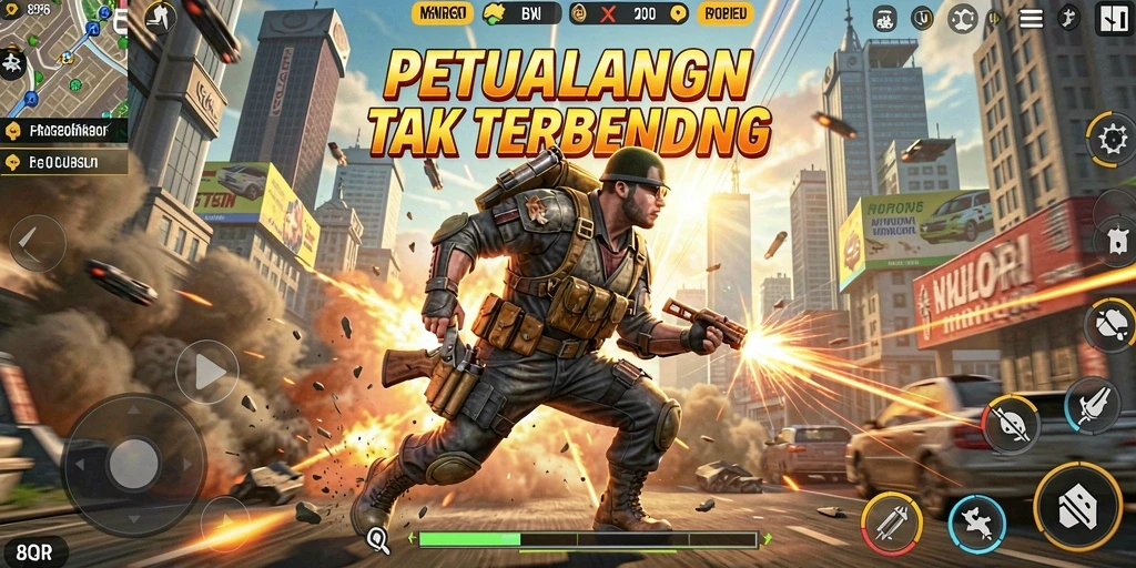 Tangkapan layar menunjukkan karakter beraksi dalam arena pertempuran yang dinamis.