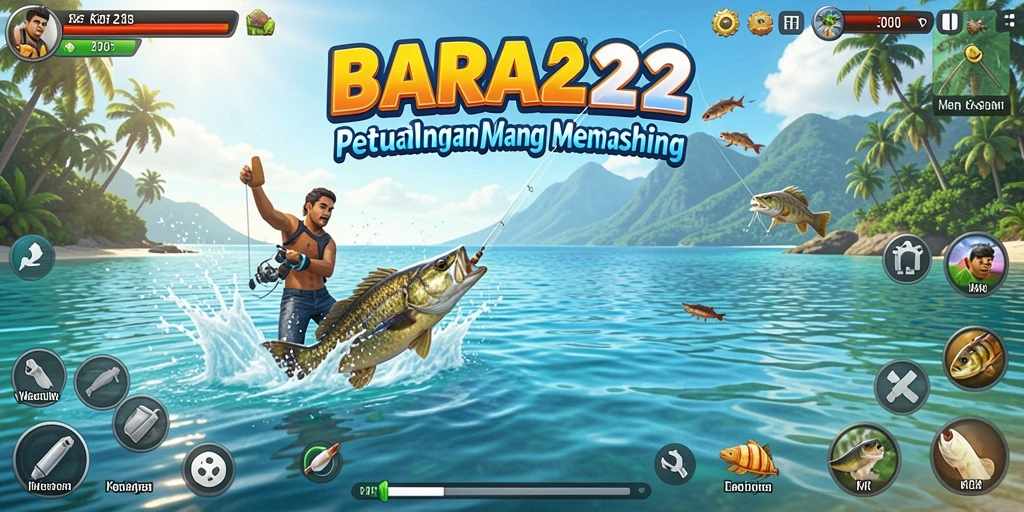 Screenshot gameplay BARA22 menunjukkan momen menangkap ikan besar.