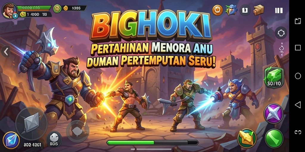 Screenshot BIGHOKI menunjukkan menara beraksi melawan gelombang musuh dalam Tower Defense.