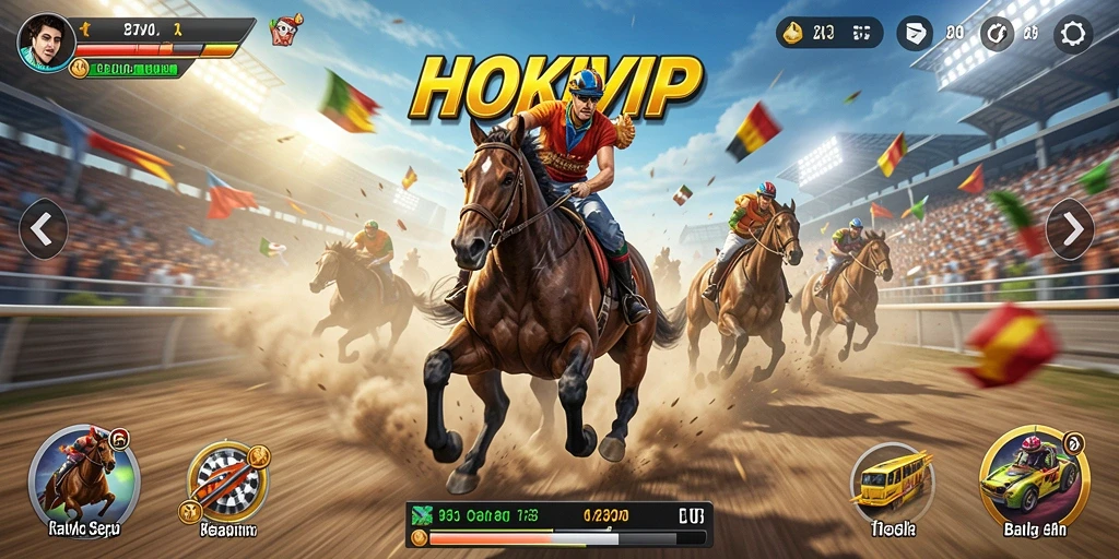 Screenshot HOKIVIP menampilkan aksi balapan mendebarkan di trek yang indah.