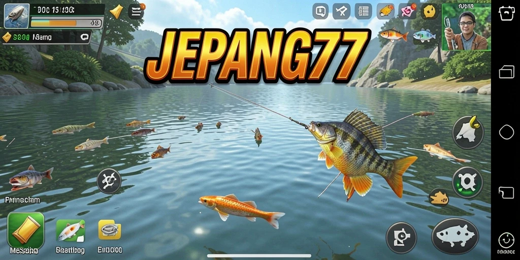 Screenshot JEPANG77 menampilkan karakter memancing di danau yang indah.