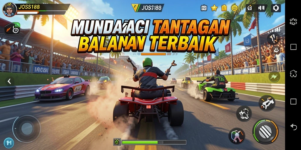 Gameplay JOSS188 dengan mobil balap di lintasan menantang.