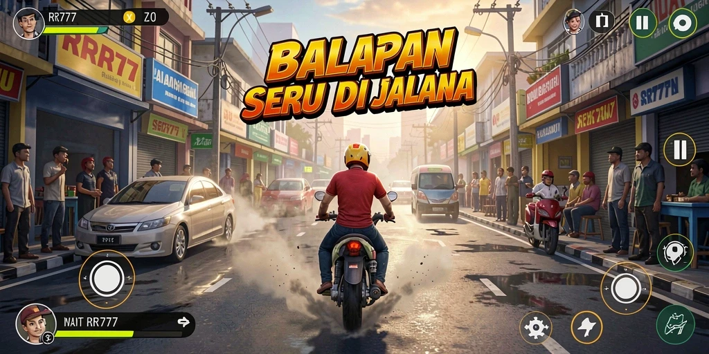 Tampilan menarik dari gameplay balapan di RR777 dengan mobil melaju cepat.